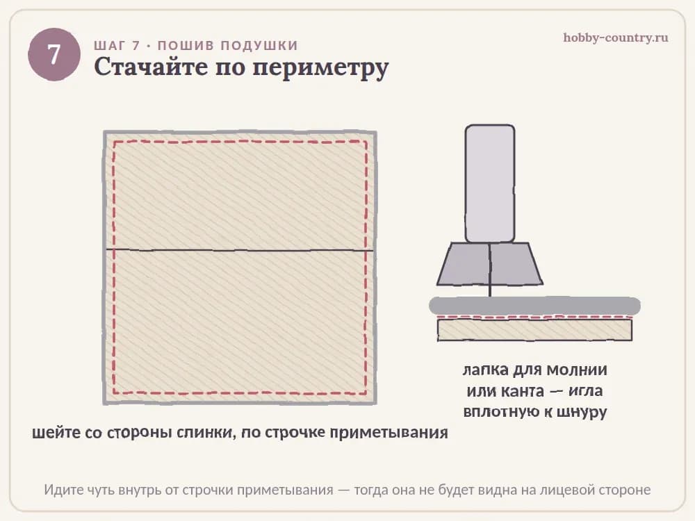 Стачать подушку по периметру лапкой для молнии вплотную к канту — схема, шаг 7
