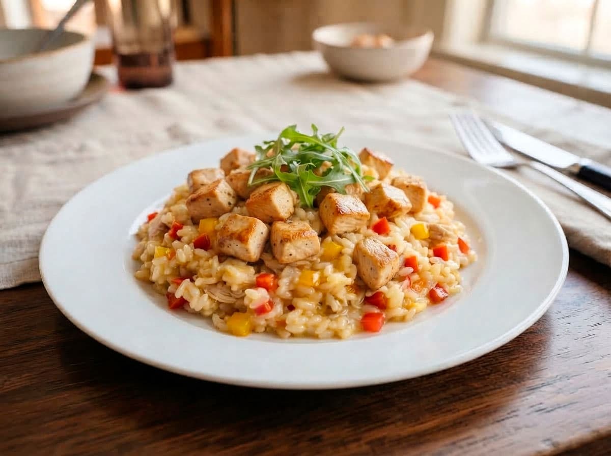 ризотто с курицей и рукколой в вермуте